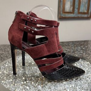 BCBGeneration leather Burgundy and Black Strappy Heels booties 8.5